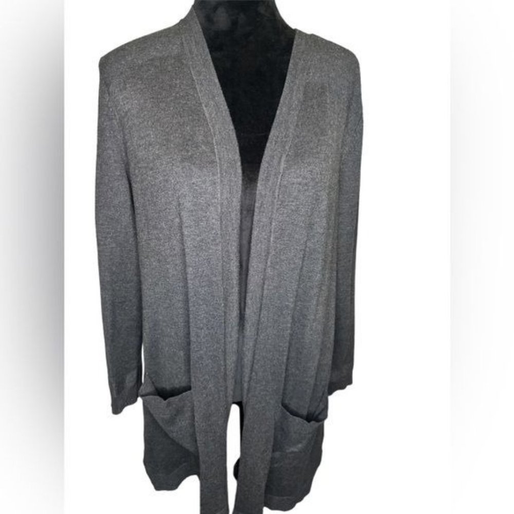 Belle by Kim Gravel Feather Knit Open Front Long Cardigan Charcoal Gray Size Med